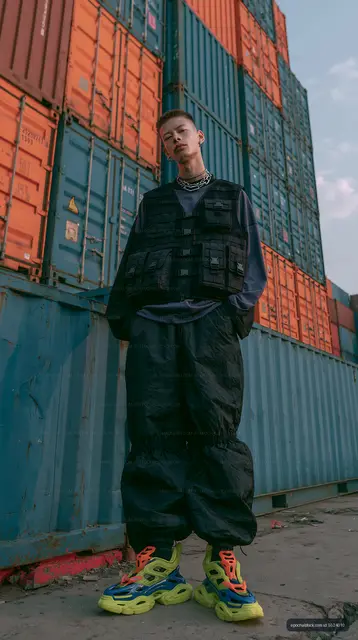 Fashion portrait with vibrant oversized shoes and cargo containers