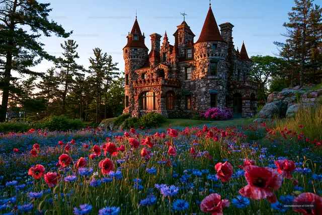 Fairytale-style stone castle among poppies and blue flowers