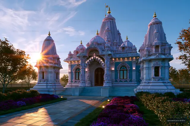 Decorative Hindu temple glowing in evening light