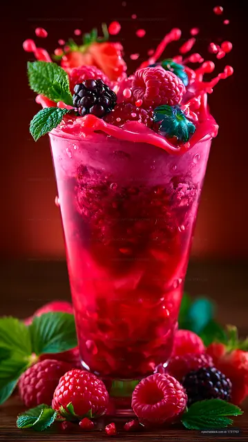 Dramatic close-up of a red berry drink with fruit garnish