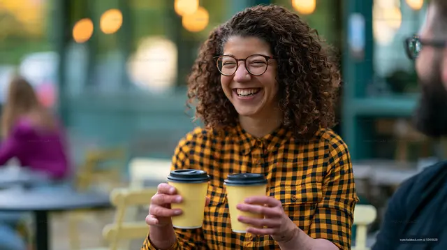 Happy woman holding takeaway coffee at an outdoor cafe