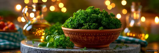 Fresh green parsley and basil in a ceramic bowl