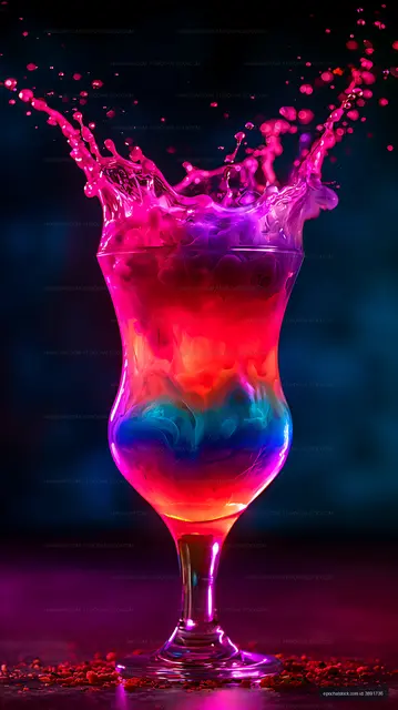 Neon-colored liquid splashing in a stemmed glass