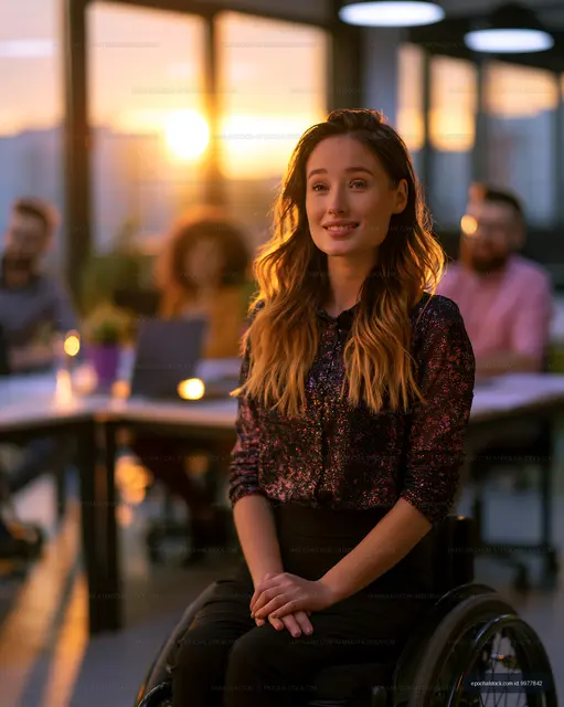 Portrait of smiling woman using a wheelchair indoors