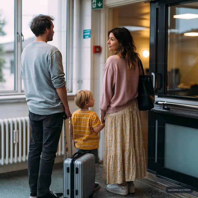 Three-person family with rolling luggage by doorway