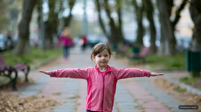 Child posing with outstretched arms on a park walkway