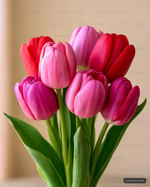 Pink and red tulip flowers in a lush bouquet