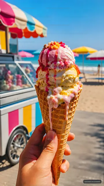 Colorful ice cream cone held at beachside vendor