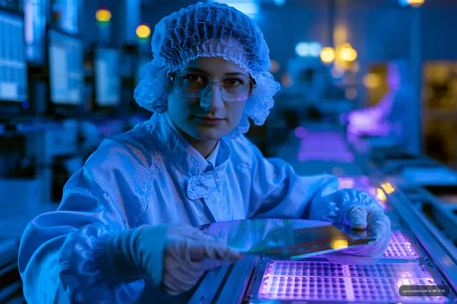 Protective laboratory worker with semiconductor wafer