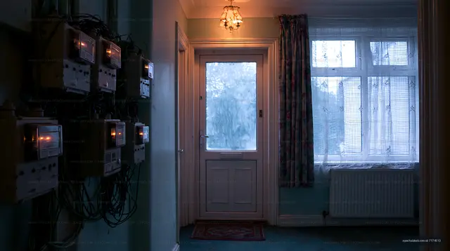 Moody hallway with exposed electrical meters and frosted door