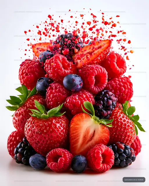 Mixed berries and sliced fruit with suspended fragments