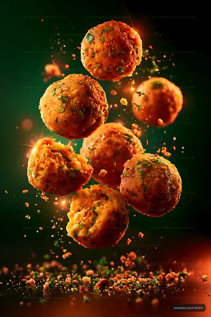 Crispy golden savory balls with herbs in motion