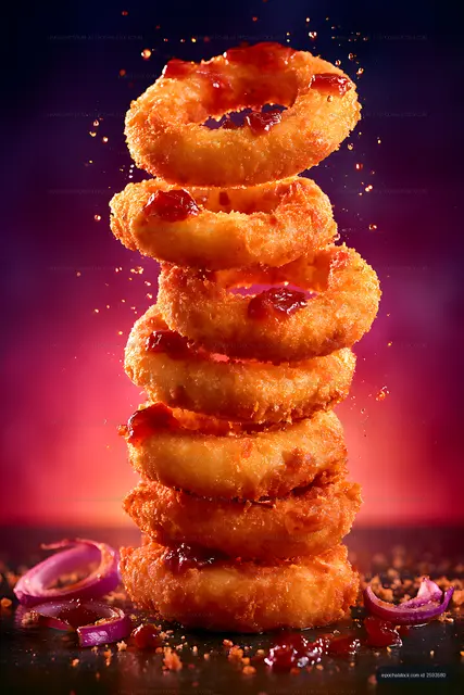 Golden fried onion rings stacked with glossy red sauce