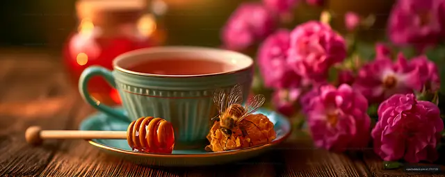 Tea, honey, bee, and pink flowers on a wooden table