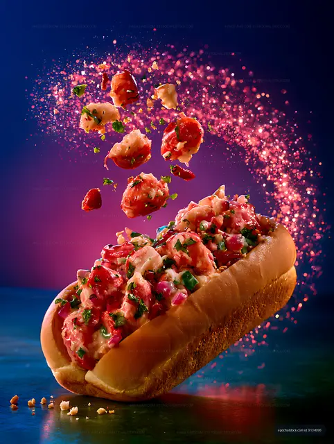 Colorful gourmet hot dog with suspended toppings
