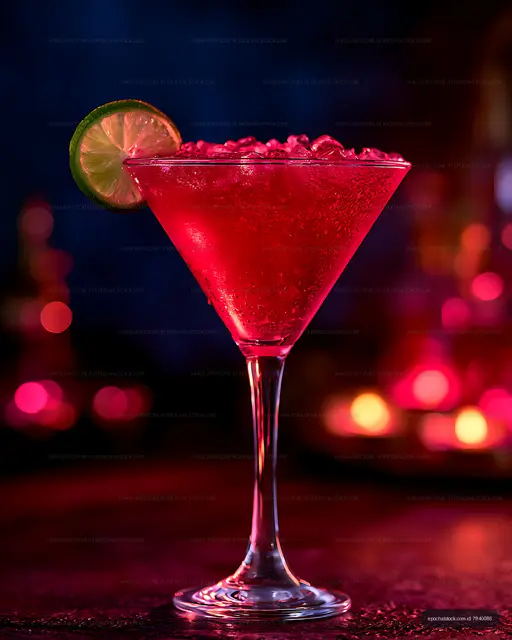 Red fruit cocktail served in a glass with lime garnish