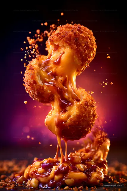 Dramatic close-up of crispy snack with molten cheese