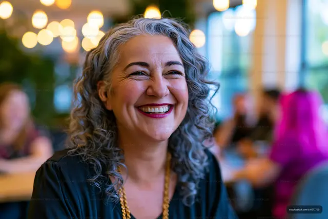 Happy woman smiling in a colorful indoor gathering