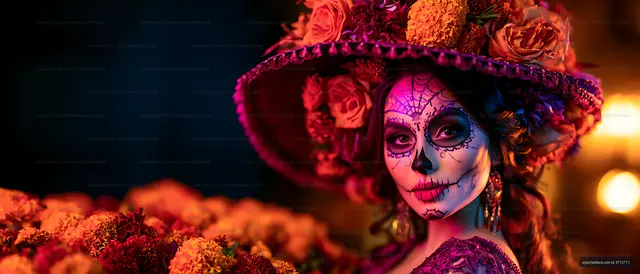 Woman in sugar skull makeup wearing a floral hat