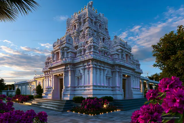 Detailed Hindu temple framed by flowers at twilight