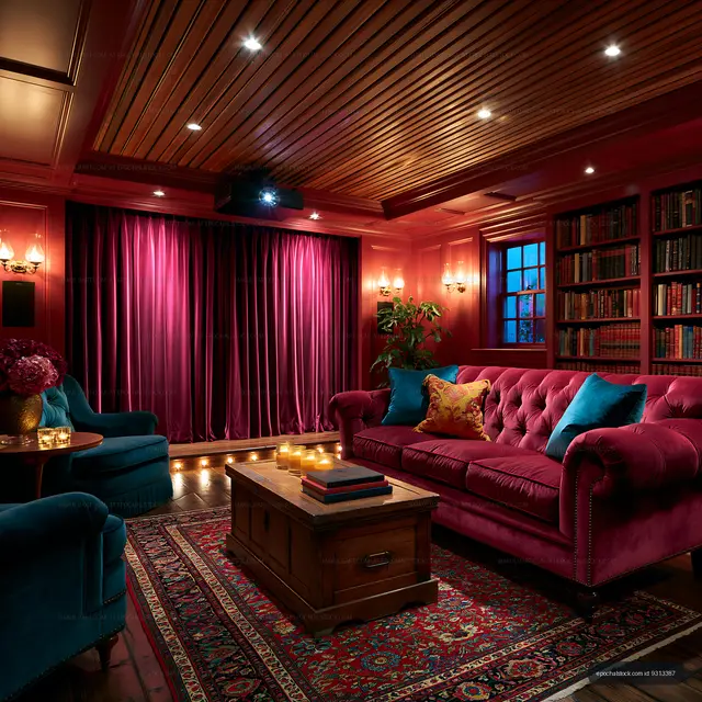 Colorful luxury lounge with velvet seating and bookshelves
