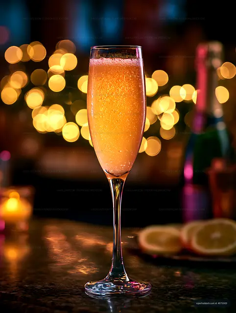 Pink sparkling beverage in flute with glowing bokeh background