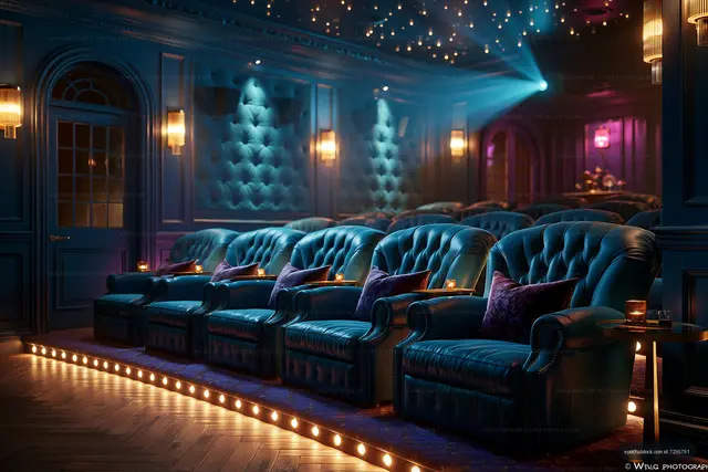 Moody luxury cinema interior with blue leather armchairs