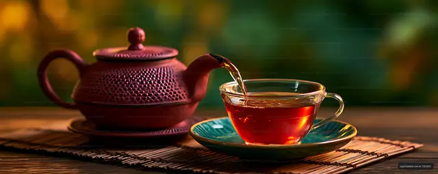 Warm tea pouring into a glass cup on a colorful saucer