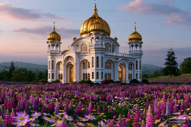 Golden-domed architecture above a vibrant wildflower meadow