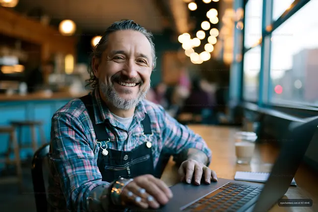 Happy man at a cafe counter with an open laptop