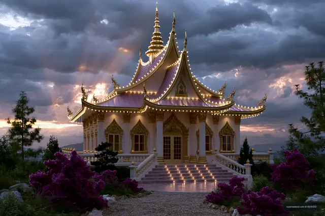 Illuminated ornate temple surrounded by flowers at sunset