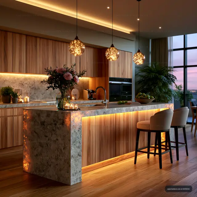 Cozy luxury kitchen with glowing pendant lights