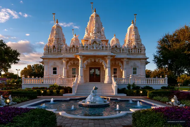 White Hindu temple and fountain in landscaped garden