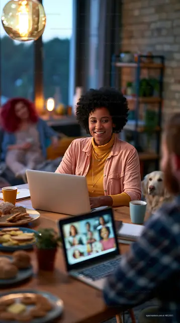 Remote worker joins a video call at a cafe table