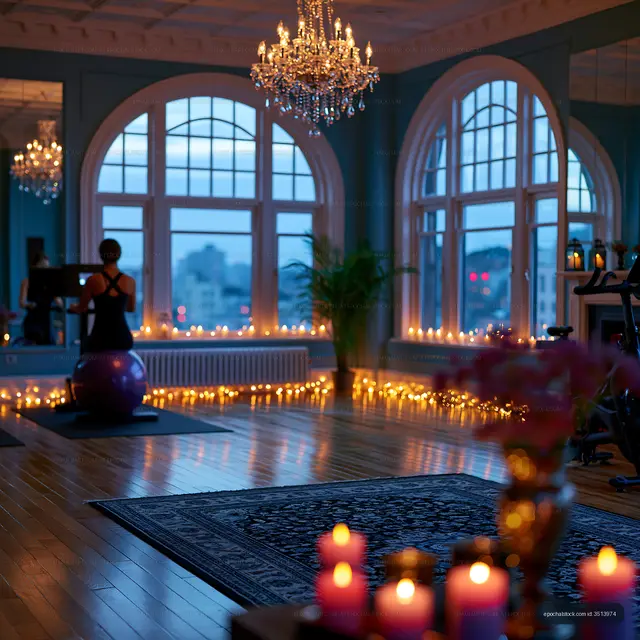 Candlelit wellness studio with exercise equipment and arched windows