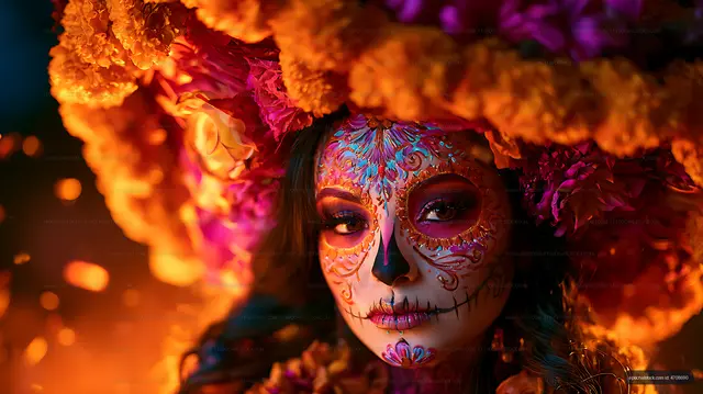 Close-up portrait of woman in vivid sugar skull face paint