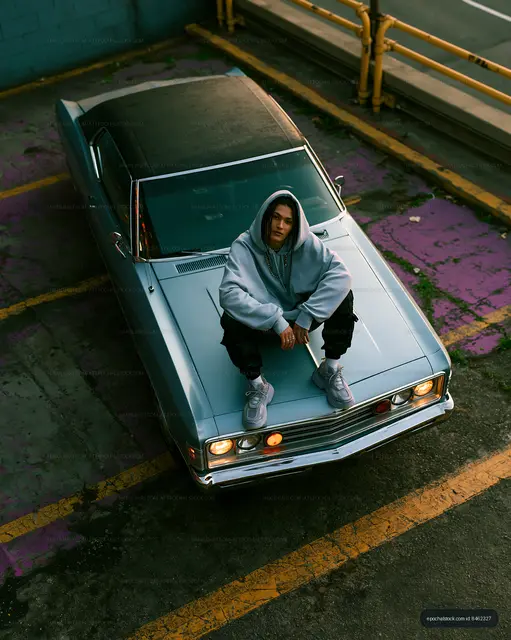 Hooded person sitting on a vintage car in an urban lot