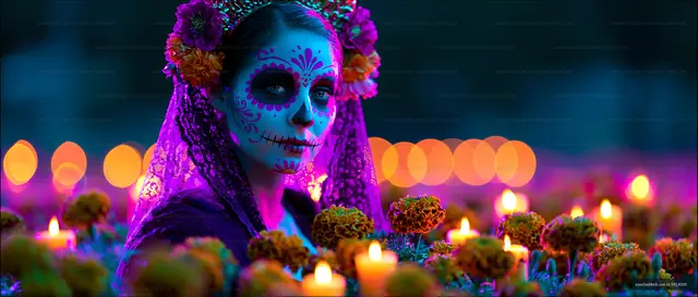 Portrait of a woman with skull makeup among flowers and candles