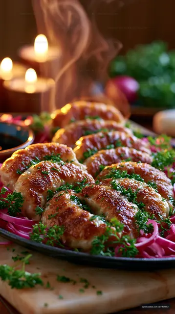 Golden glazed pastries with parsley and sesame seeds