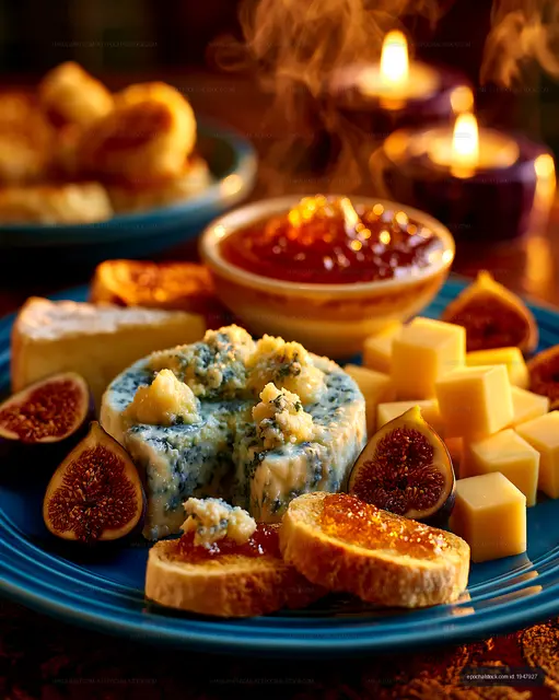 Artisan cheese platter and figs with candlelight