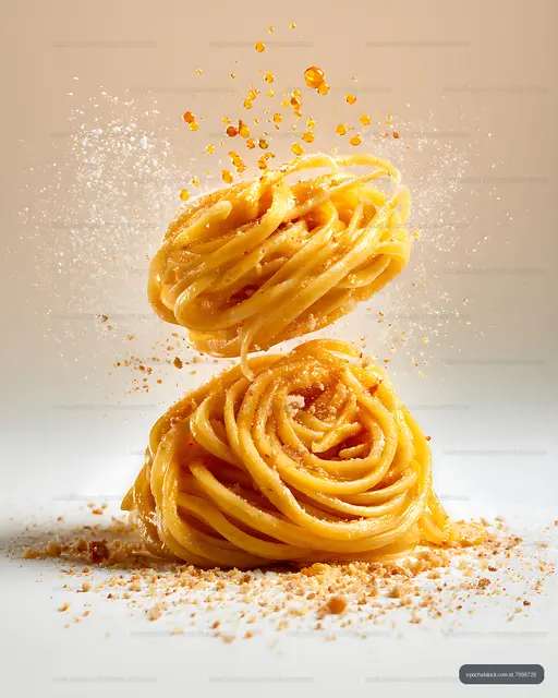 Golden pasta nests surrounded by flying sauce droplets