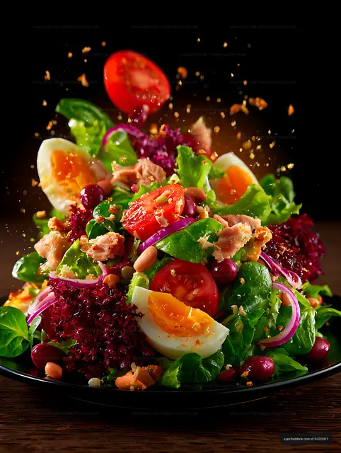 Vibrant mixed salad with suspended ingredients
