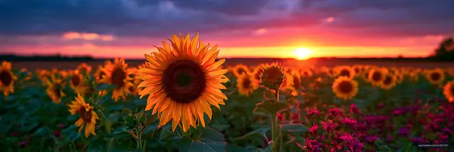 Close-up sunflower with sunset landscape background