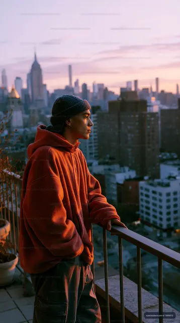 Warm sunset portrait overlooking an urban skyline