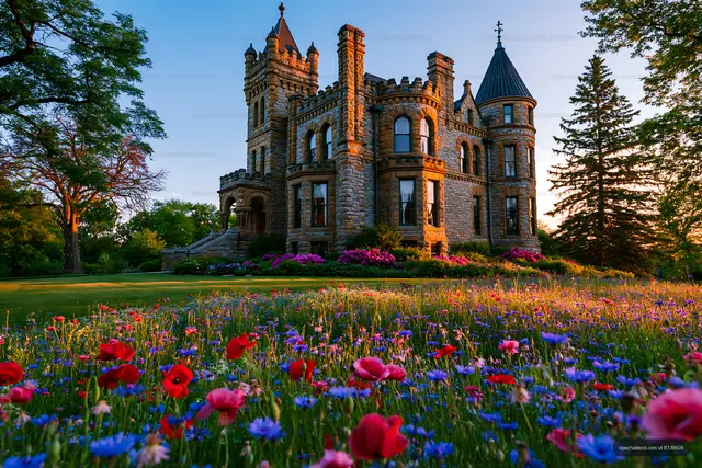 Fairytale-style stone castle in a blooming flower meadow