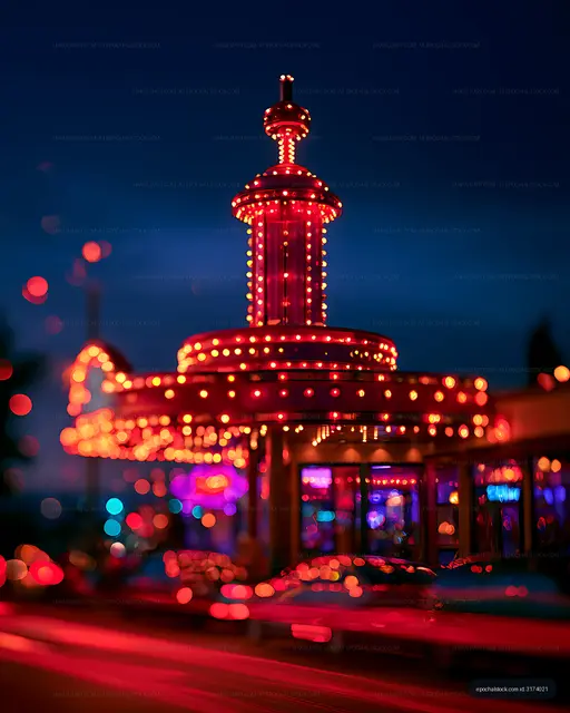 Glowing carnival ride tower surrounded by nighttime bokeh