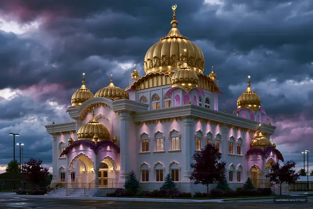 Ornate golden-domed building under dramatic evening clouds