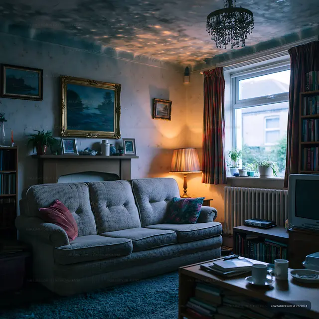 Inviting traditional living room with sofa and warm lamplight