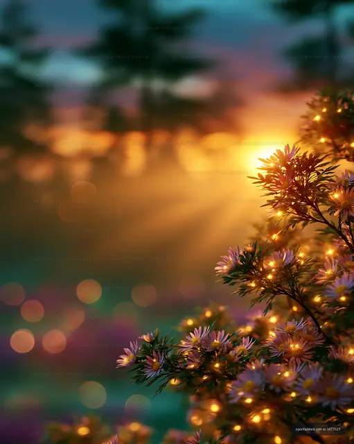 Daisy-like blossoms with glowing lights and sunset bokeh