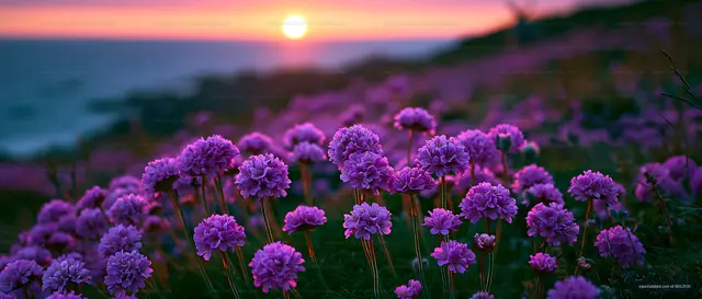 Purple flowers bloom at sunset near the coast